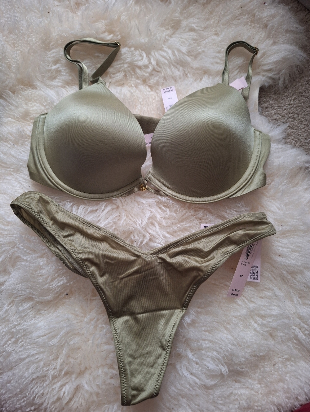 VS Olive Green Padded Bra & Thong Set